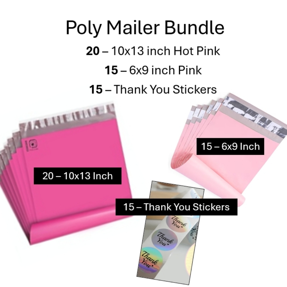 Poly Mailer Bundle: 20 10x13 Inch, 15 6x9 Inch & 15 Thank You Stickers - Pink